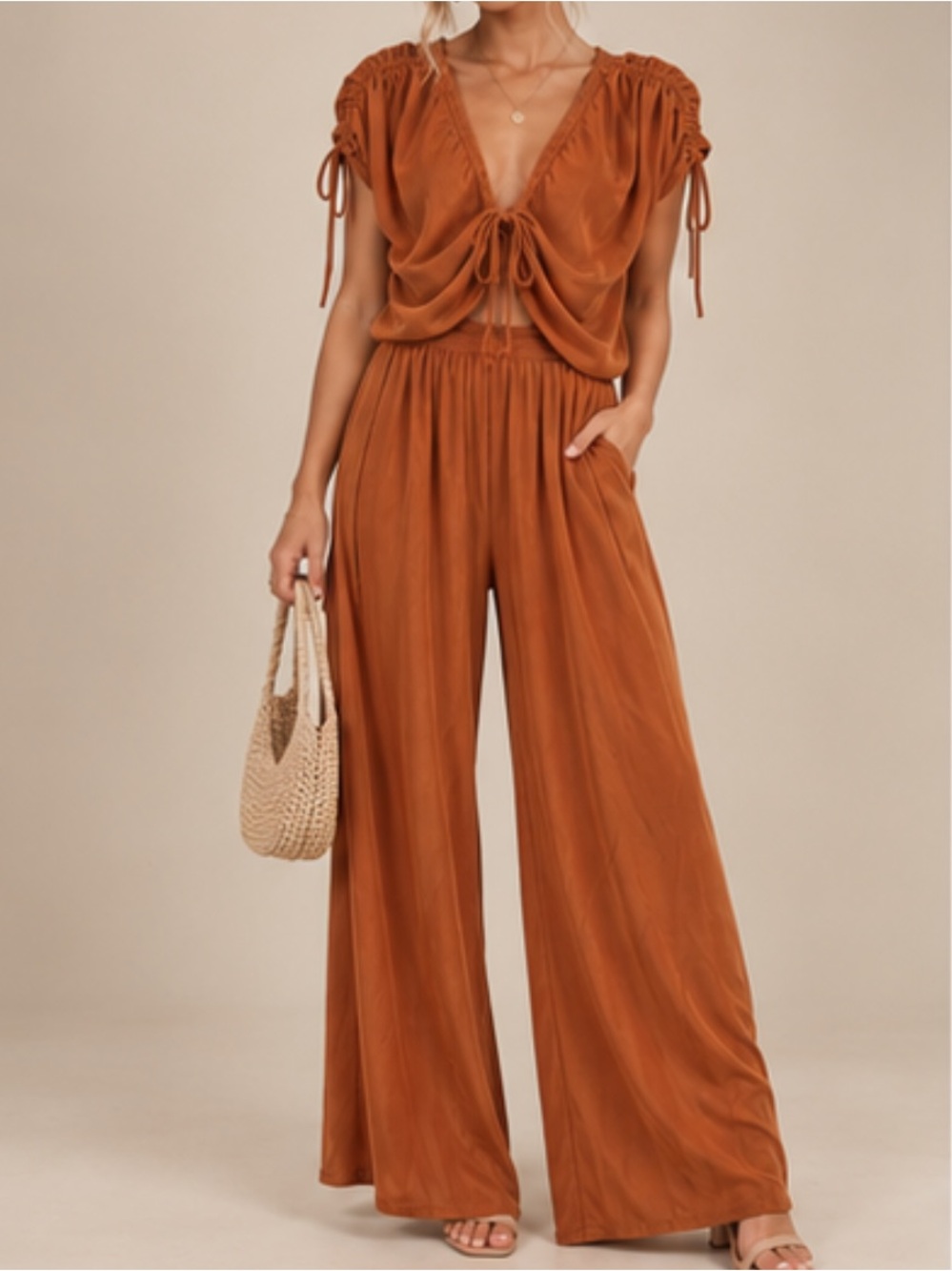 Zara Tie-Front Wide-Leg Jumpsuit in Rust - Picture 6 of 11